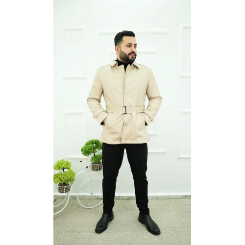 Kemerli Deri Ceket Krem-OTLT