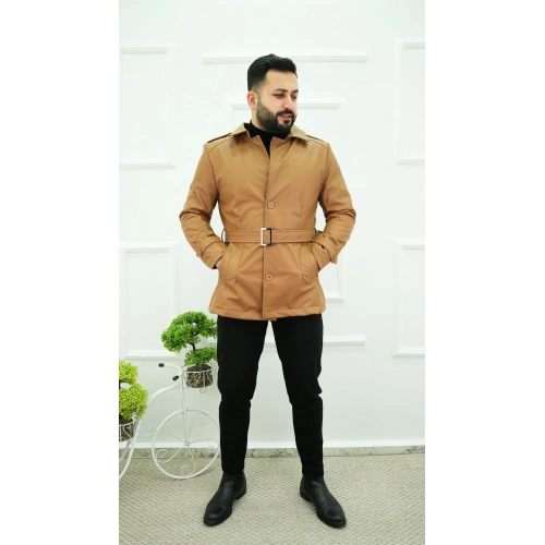 Kemerli Deri Ceket Taba-OTLT