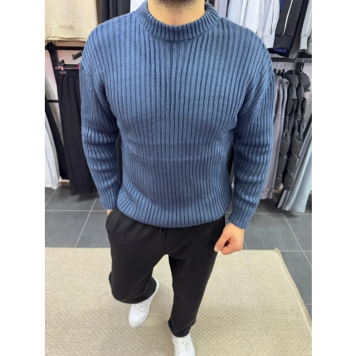 Örme Bisiklet Yaka Kazak İndigo