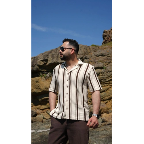 Örme Kısa Kol Gömlek Kahve Çizgili