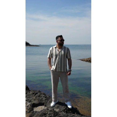 Örme Kısa Kol Gömlek Yeşil Çizgili