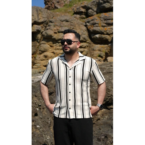 Örme Kısa Kol Gömlek Siyah Çizgili