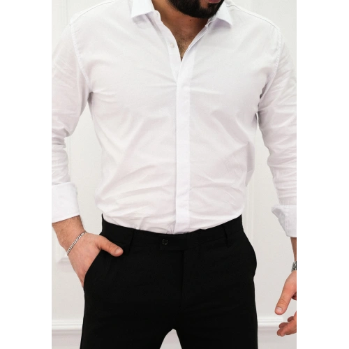 Slimfit Likralı Gizli Pat Gömlek Beyaz
