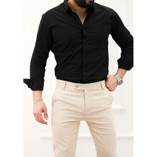Slimfit Likralı Gizli Pat Gömlek Siyah