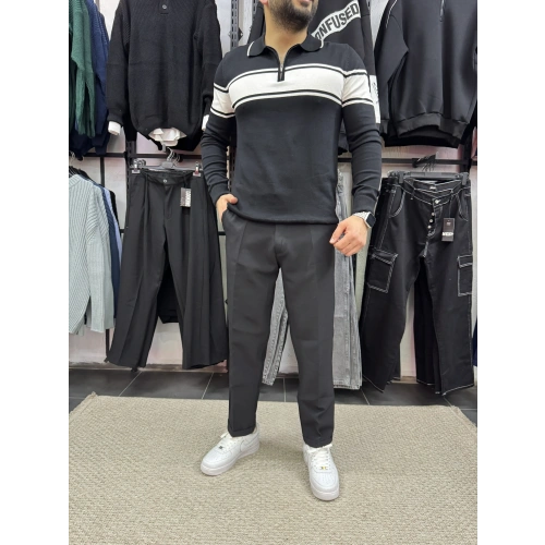 Yarım Fermuarlı Triko Bloklu Fermuarlı Siyah