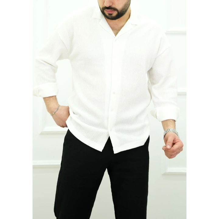 Ağaç Kabuğu Desenli Gömlek Beyaz