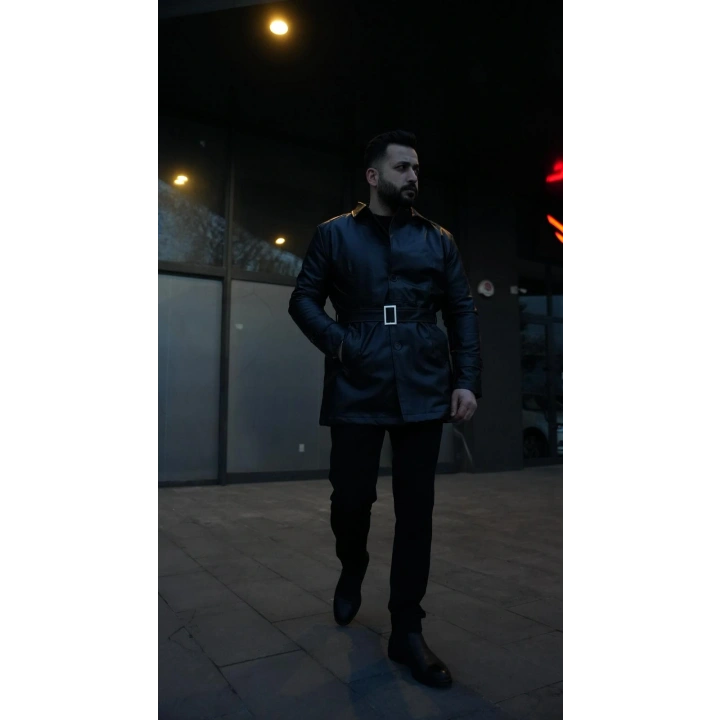 Deri Trençkot Siyah