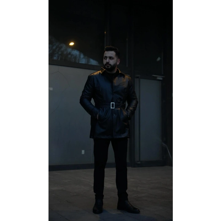 Deri Trençkot Siyah