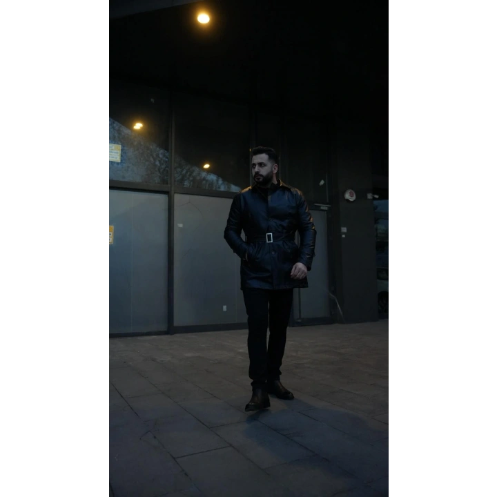 Deri Trençkot Siyah