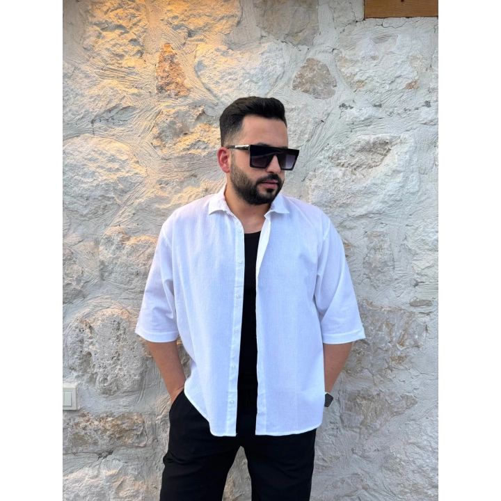 Fakir Kol Keten Gömlek Oversize Beyaz