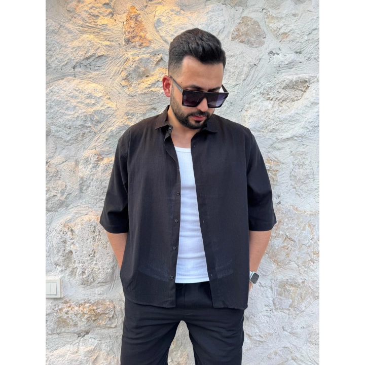 Fakir Kol Keten Gömlek Oversize Siyah
