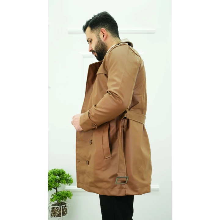 Göğüs Detaylı Deri Trençkot Taba