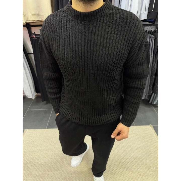 Örme Bisiklet Yaka Kazak Siyah