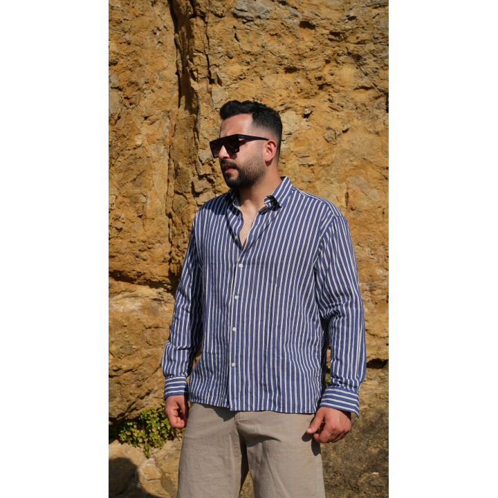 Lacivert Beyaz Çizgili Oversize Gömlek