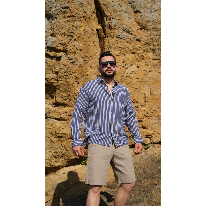 Lacivert Beyaz Çizgili Oversize Gömlek