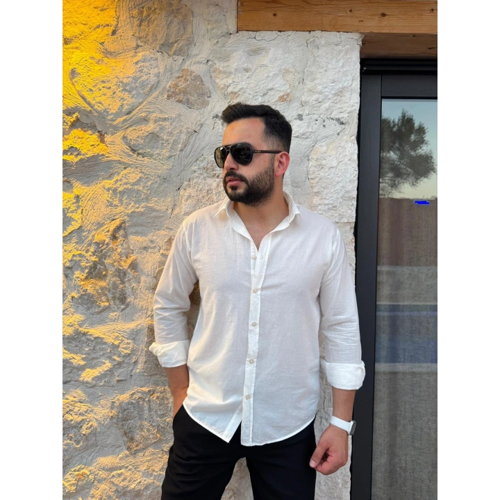 İnce Keten Gömlek Beyaz