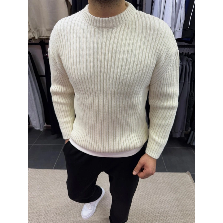 Örme Bisiklet Yaka Kazak Ekru