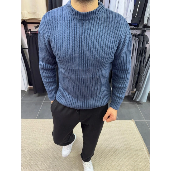 Örme Bisiklet Yaka Kazak İndigo