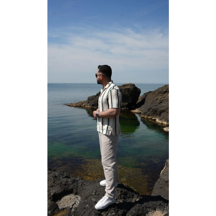 Örme Kısa Kol Gömlek Yeşil Çizgili
