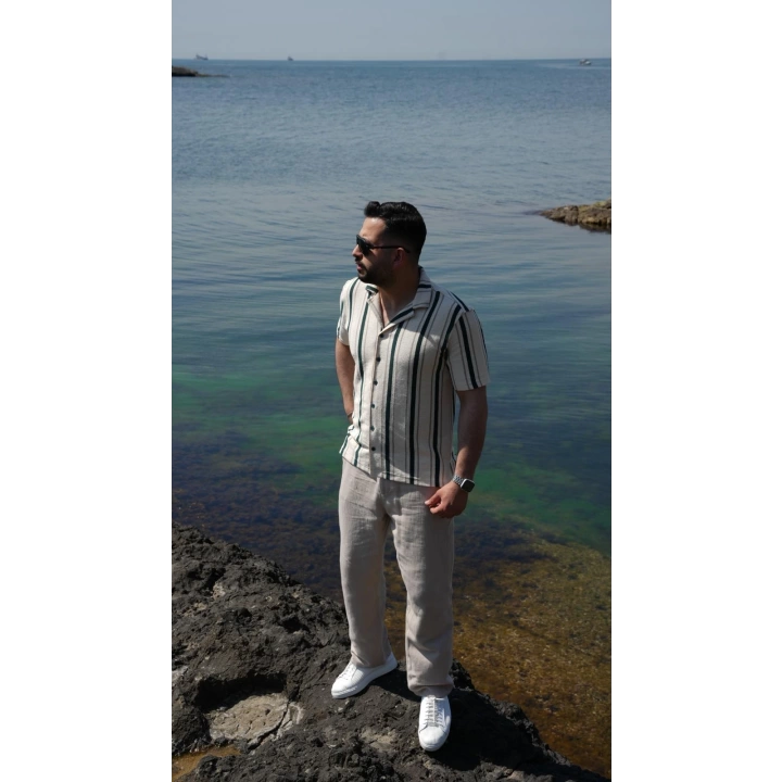 Örme Kısa Kol Gömlek Yeşil Çizgili