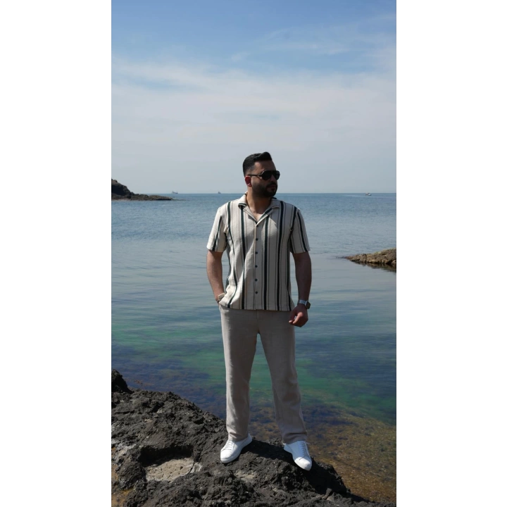 Örme Kısa Kol Gömlek Yeşil Çizgili