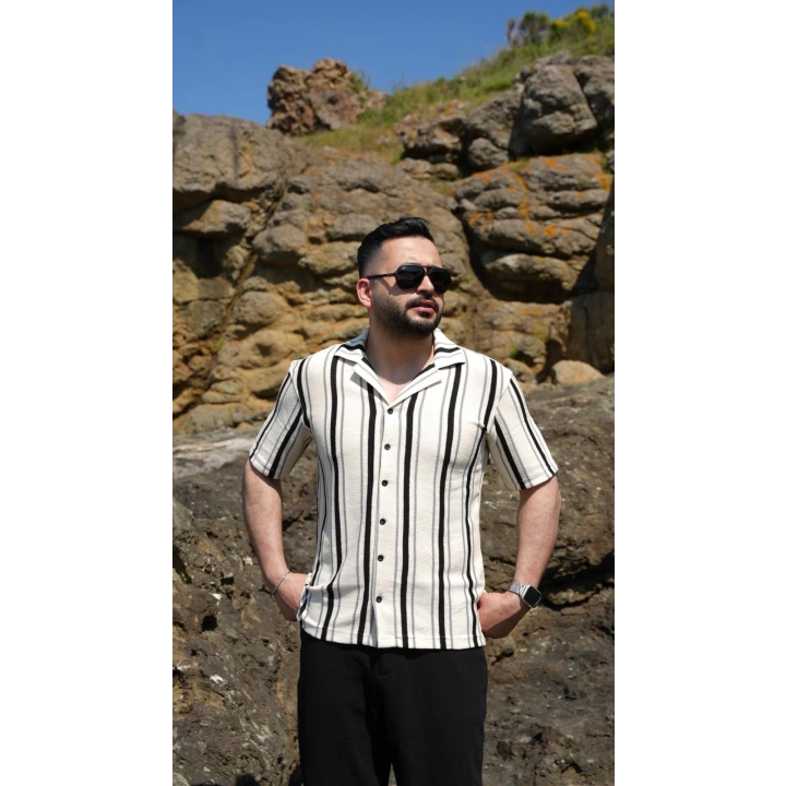 Örme Kısa Kol Gömlek Siyah Çizgili