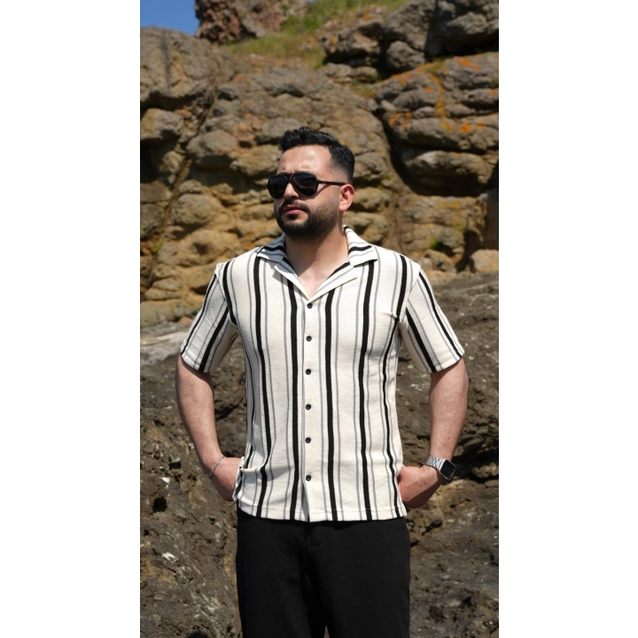 Örme Kısa Kol Gömlek Siyah Çizgili