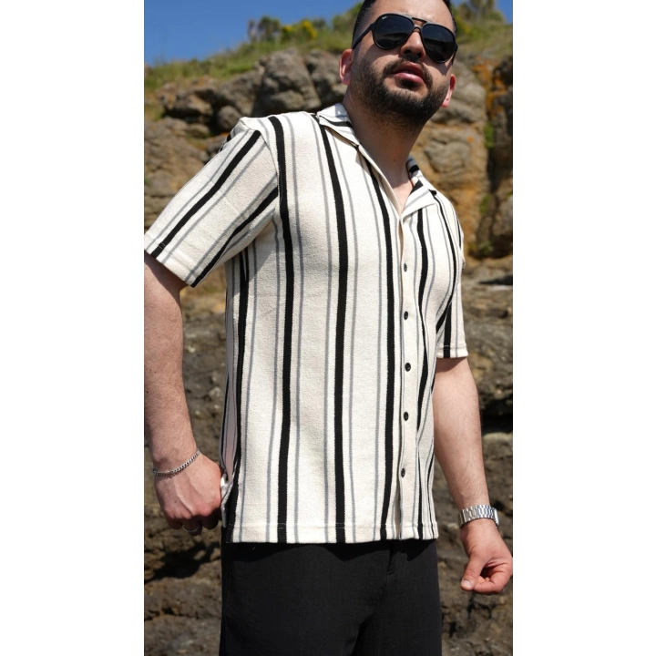 Örme Kısa Kol Gömlek Siyah Çizgili
