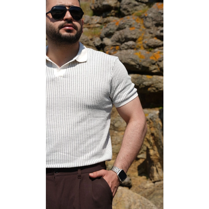 Örme Polo Yaka Gri Çizgili Tişört