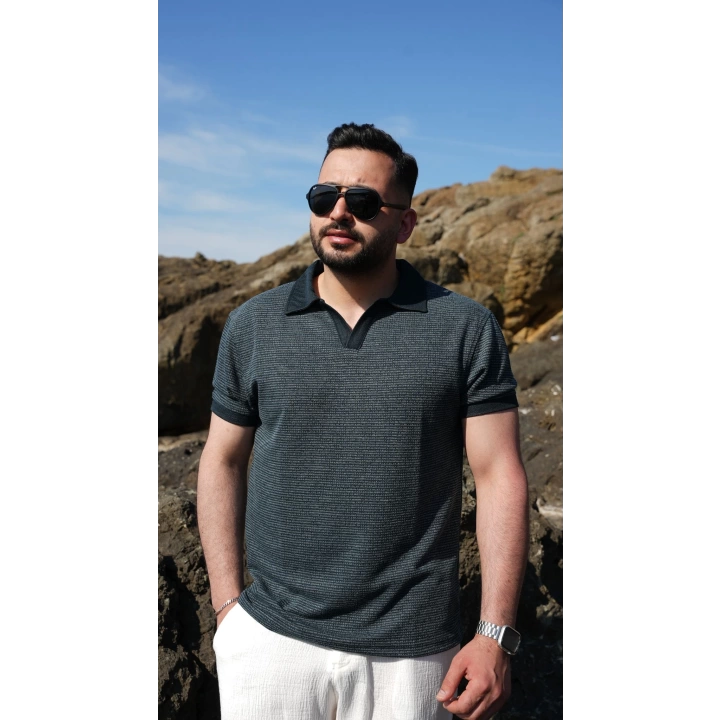Örme Polo Yaka Tişört Siyah
