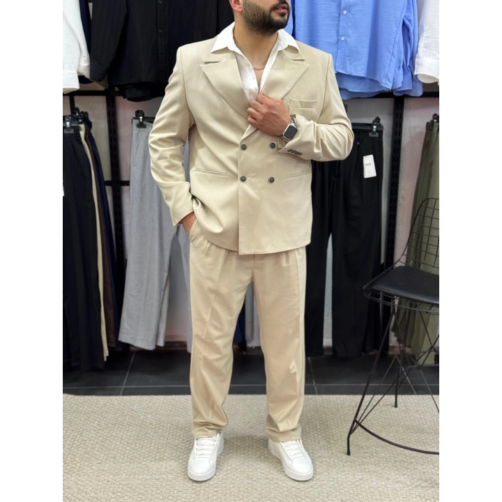 Oversize Kruvaze Takım Krem