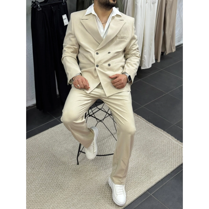 Oversize Kruvaze Takım Krem