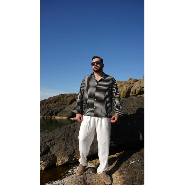 Siyah Beyaz Çizgili Oversize Gömlek