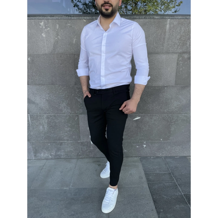 Slimfit Likralı Gizli Pat Gömlek Beyaz