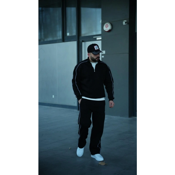 Üç İplik Şardonlu Baggy Eşofman Takım Siyah