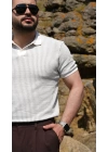 Örme Polo Yaka Gri Çizgili Tişört