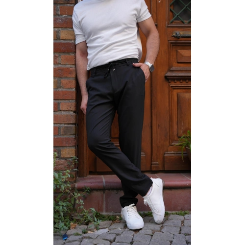 Bel Bağlamalı Likralı Kumaş Pantolon Siyah