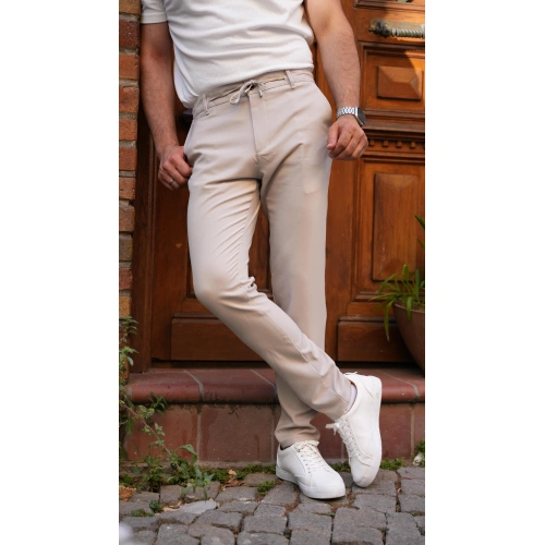 Bel Bağlamalı Likralı Kumaş Pantolon Krem