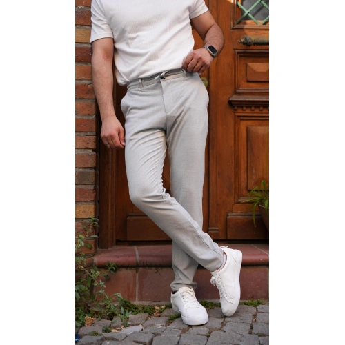 Bel Bağlamalı Likralı Kumaş Pantolon Gri