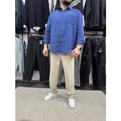 Oversize Cep Detaylı Keten Gömlek Lacivert
