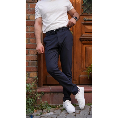 Bel Bağlamalı Likralı Kumaş Pantolon Lacivert