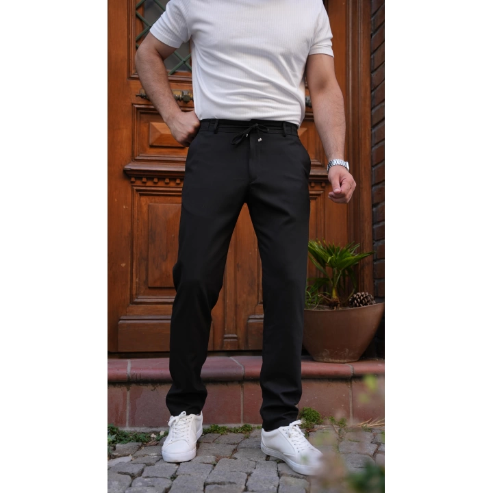 Bel Bağlamalı Likralı Kumaş Pantolon Siyah