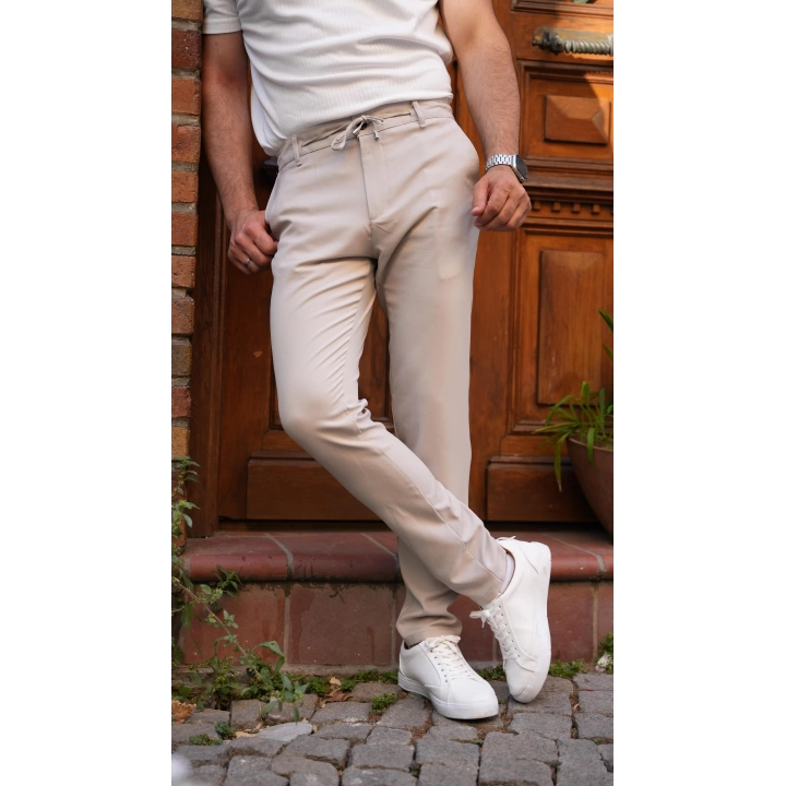 Bel Bağlamalı Likralı Kumaş Pantolon Krem