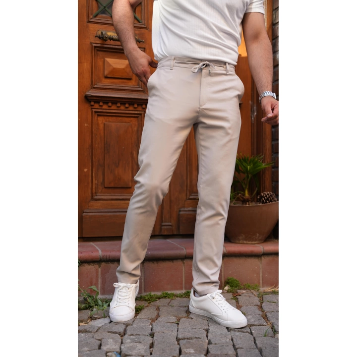Bel Bağlamalı Likralı Kumaş Pantolon Krem