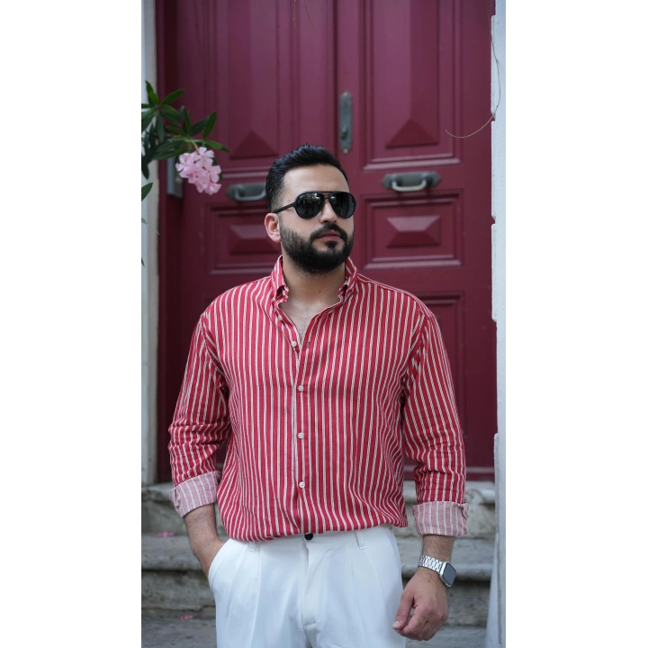 Kırmızı Beyaz Çizgili Oversize Gömlek