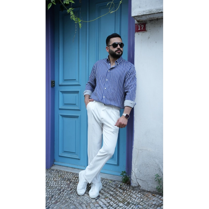 Lacivert Beyaz Çizgili Oversize Gömlek