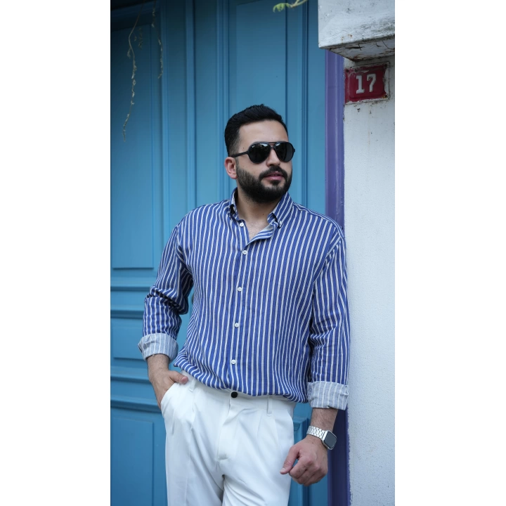 Lacivert Beyaz Çizgili Oversize Gömlek