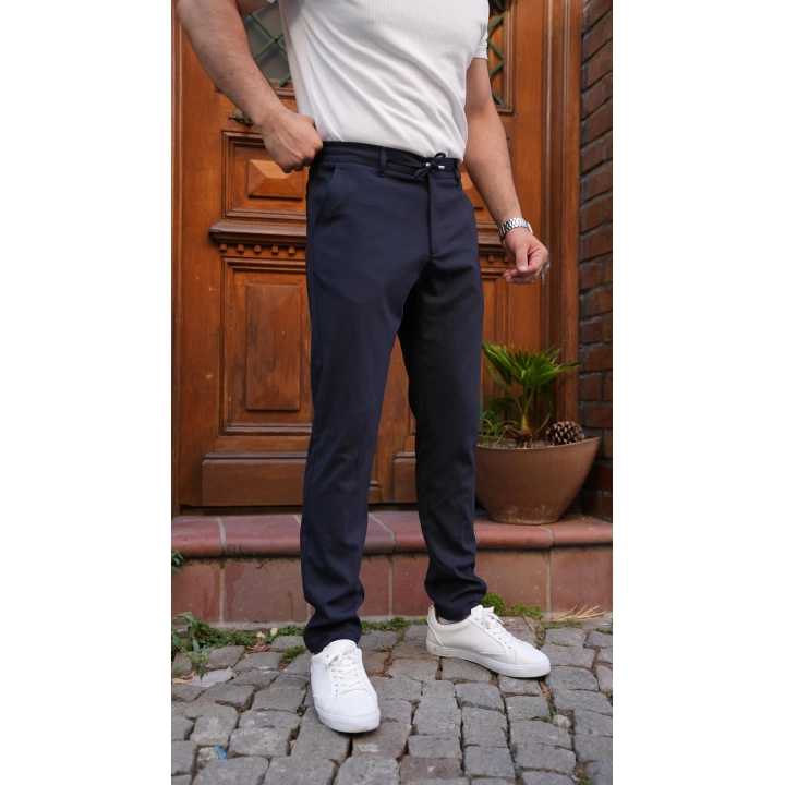 Bel Bağlamalı Likralı Kumaş Pantolon Lacivert