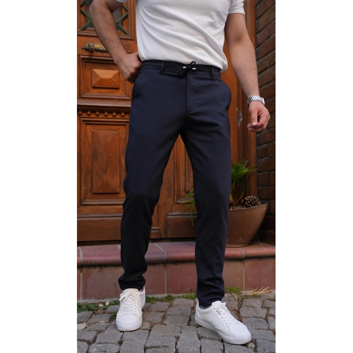 Bel Bağlamalı Likralı Kumaş Pantolon Lacivert