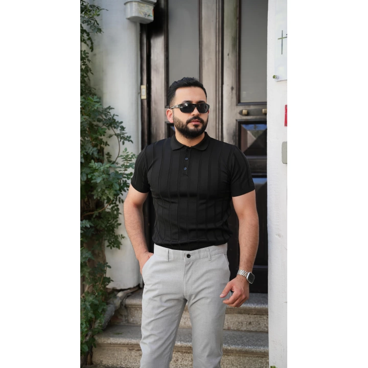 Triko Düğmeli Tişört Siyah